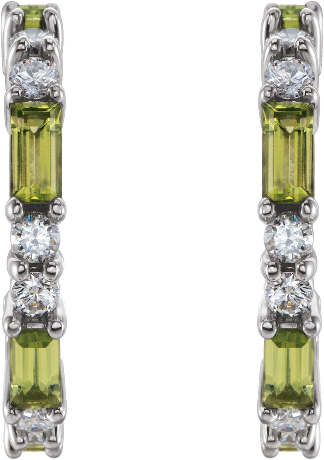 14K Gold Straight Baguette Natural Peridot Accented Hoop Earrings - White Gold - view 4