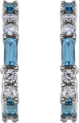 14K Gold Straight Baguette Natural Aquamarine Accented Hoop Earrings - White Gold - view 4