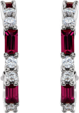 14K Gold Straight Baguette Natural Ruby Accented Hoop Earrings - White Gold - view 4