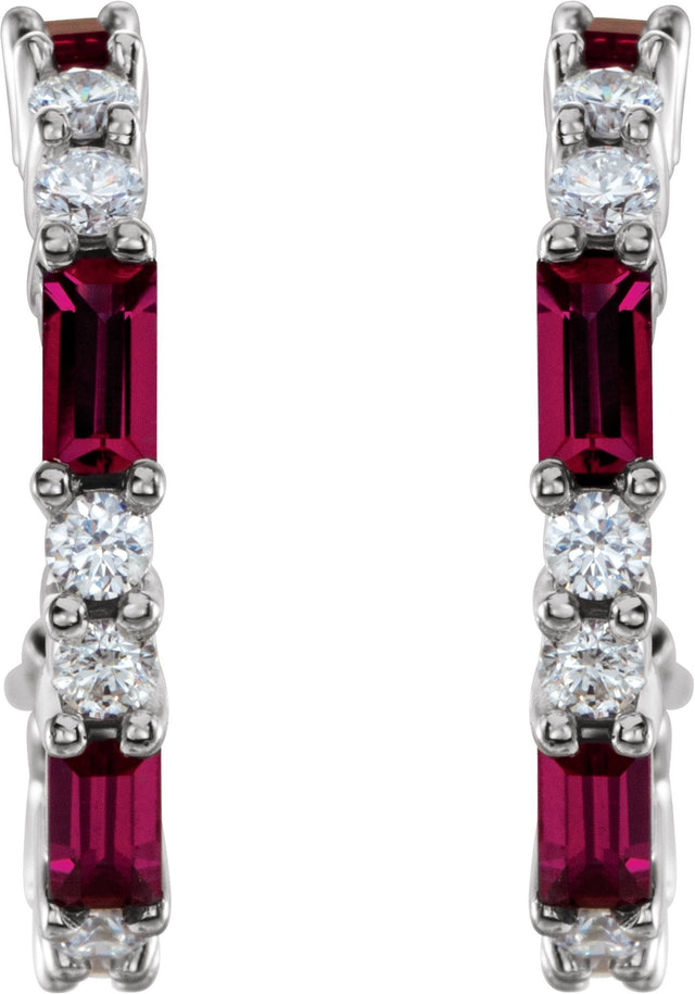 14K Gold Straight Baguette Natural Ruby Accented Hoop Earrings - White Gold - view 4
