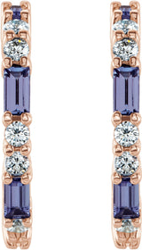 14K Gold Straight Baguette Natural Tanzanite Accented Hoop Earrings - Rose Gold - view 4