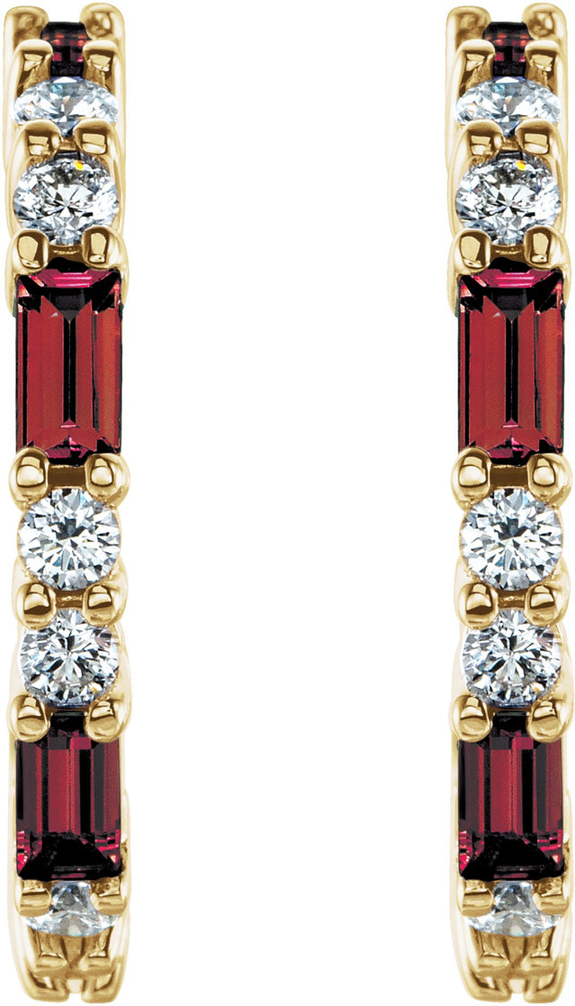 14K Gold Straight Baguette Natural Mozambique Garnet Accented Hoop Earrings - Yellow Gold - view 4