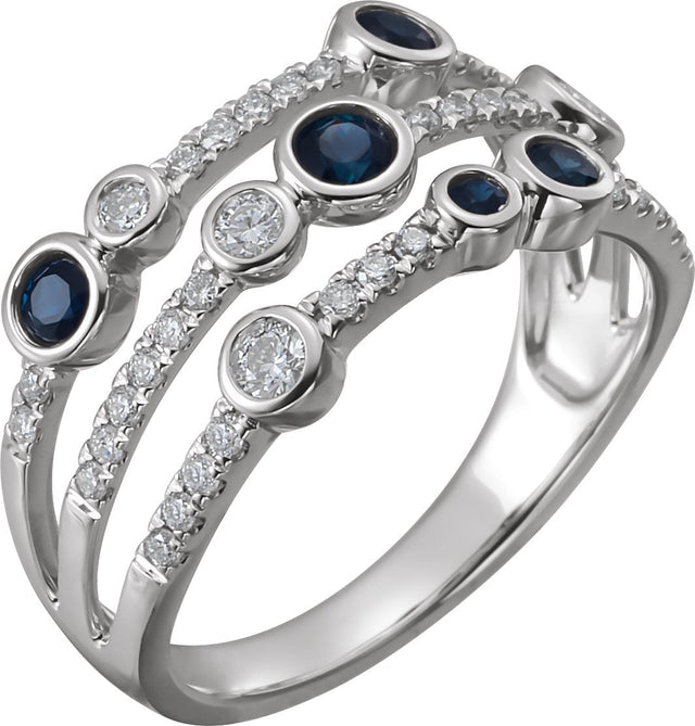 14K Gold Round Natural Blue Sapphire & Natural Diamond Bezel-Set Ring