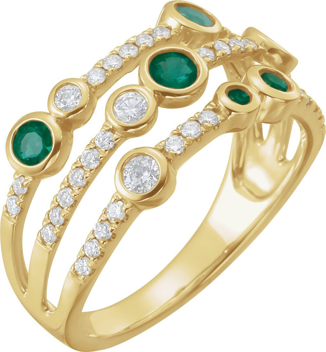 14K Gold Round Natural Emerald & Natural Diamond Bezel-Set Ring
