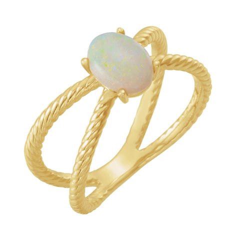 14K Gold Oval Natural White Opal Criss-Cross Cabochon Ring - Yellow Gold