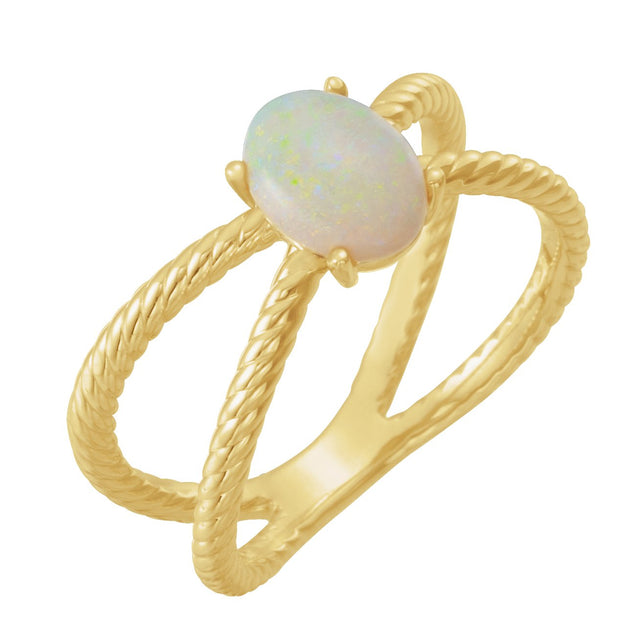 14K Gold Oval Natural White Opal Criss-Cross Cabochon Ring - Yellow Gold