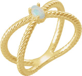14K Gold Oval Natural White Opal Criss-Cross Cabochon Ring - Yellow Gold