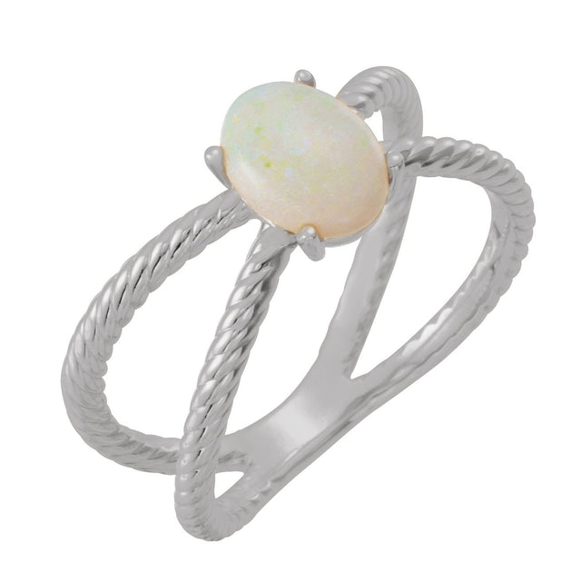 Platinum Oval Natural White Opal Criss-Cross Cabochon Ring