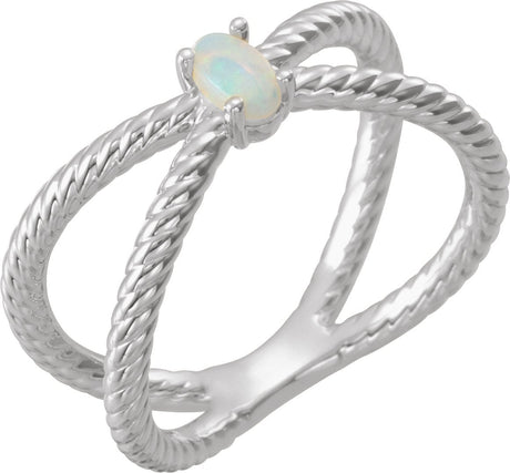 14K Gold Oval Natural White Opal Criss-Cross Cabochon Ring - White Gold