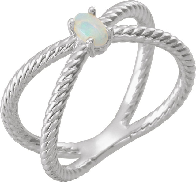 14K Gold Oval Natural White Opal Criss-Cross Cabochon Ring - White Gold