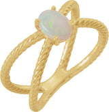 14K Gold Oval Natural White Opal Criss-Cross Cabochon Ring - Yellow Gold