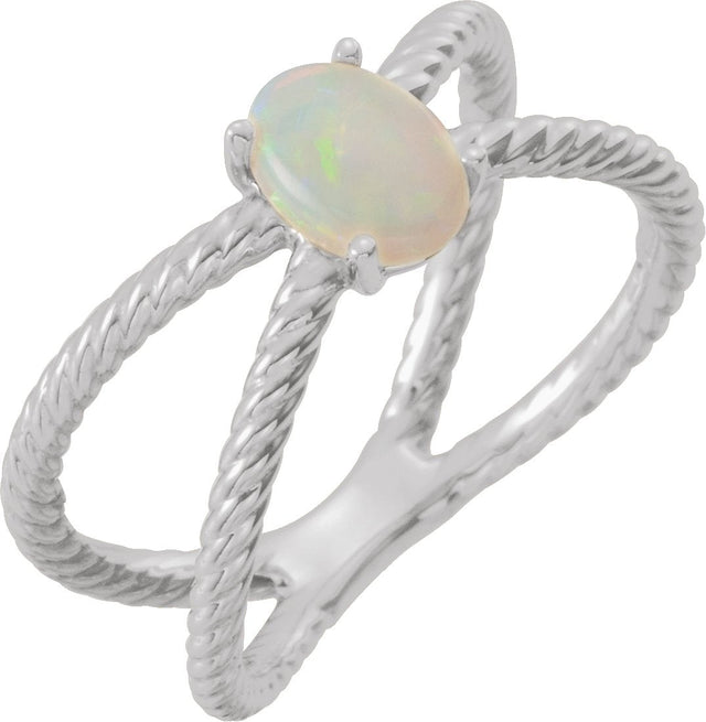 14K Gold Oval Natural White Opal Criss-Cross Cabochon Ring - White Gold