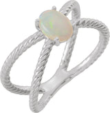 Platinum Oval Natural White Opal Criss-Cross Cabochon Ring