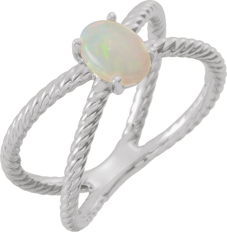 Platinum Oval Natural White Opal Criss-Cross Cabochon Ring