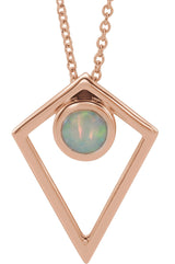 14K Gold Round Natural White Opal Cabochon Pyramid Necklace or Pendant - Rose Gold