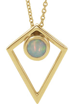 14K Gold Round Natural White Opal Cabochon Pyramid Necklace or Pendant - Yellow Gold