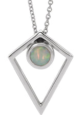 Platinum Round Natural White Opal Cabochon Pyramid Necklace or Pendant