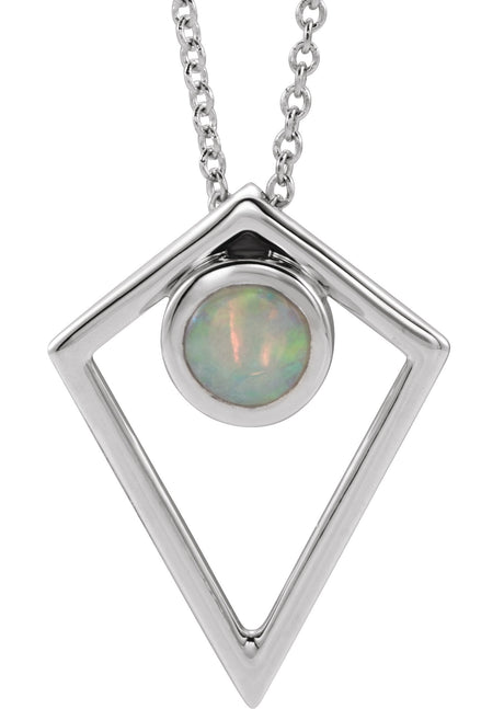 14K Gold Round Natural White Opal Cabochon Pyramid Necklace or Pendant - White Gold