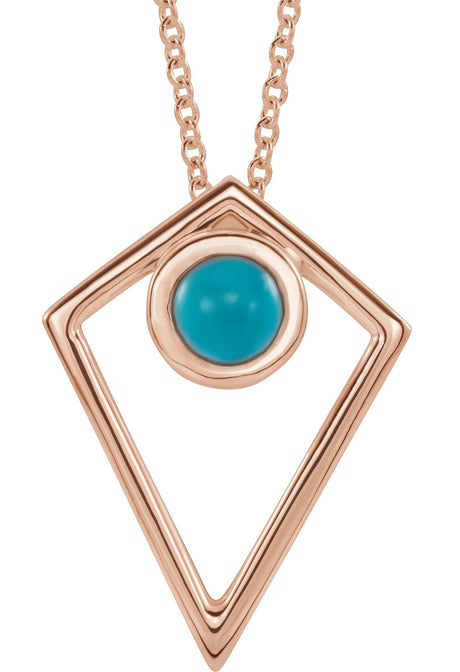 14K Gold Round Natural Turquoise Cabochon Pyramid Necklace or Pendant - Rose Gold
