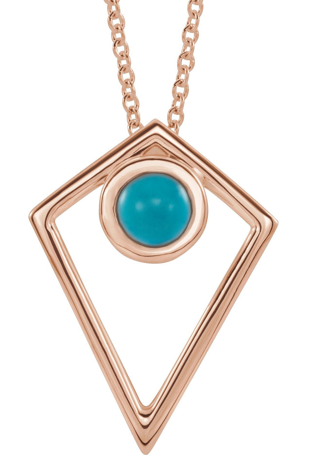 14K Gold Round Natural Turquoise Cabochon Pyramid Necklace or Pendant - Rose Gold
