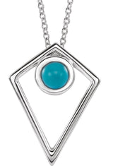 14K Gold Round Natural Turquoise Cabochon Pyramid Necklace or Pendant - White Gold