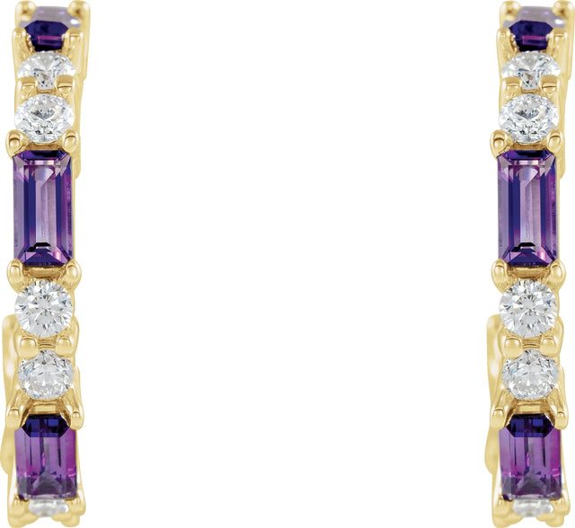 14K Gold Straight Baguette Natural Amethyst Accented Hoop Earrings - Yellow Gold - view 4