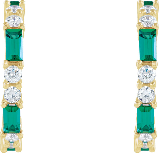 14K Gold Straight Baguette Lab-Grown Emerald Accented Hoop Earrings - Yellow Gold - view 4