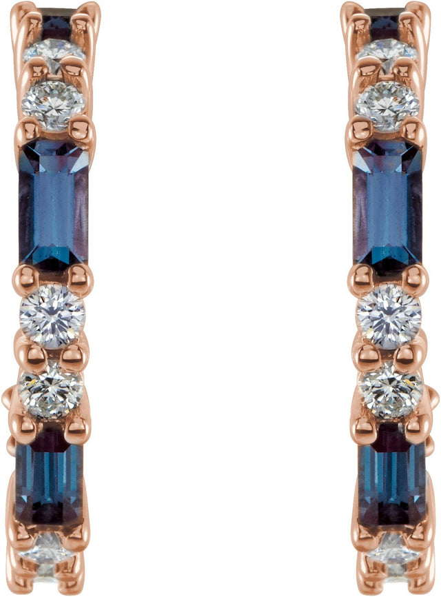 14K Gold Straight Baguette Lab-Grown Alexandrite Accented Hoop Earrings - Rose Gold - view 4