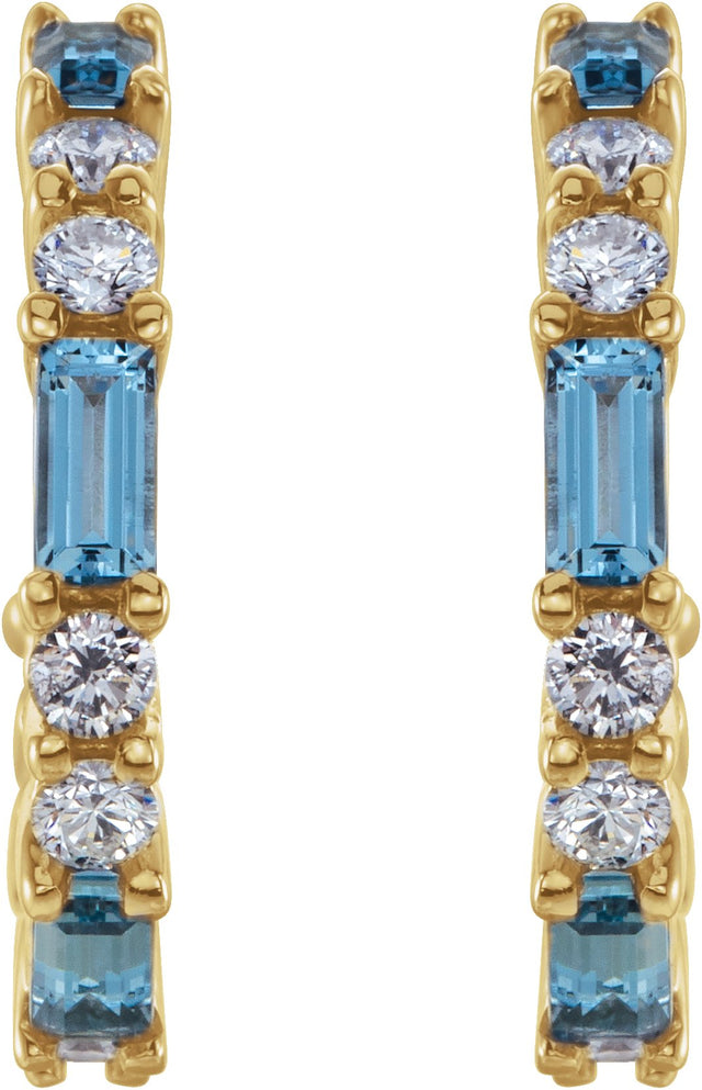 14K Gold Straight Baguette Natural Aquamarine Accented Hoop Earrings - Yellow Gold - view 4