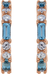 14K Gold Straight Baguette Natural Aquamarine Accented Hoop Earrings - Rose Gold - view 4