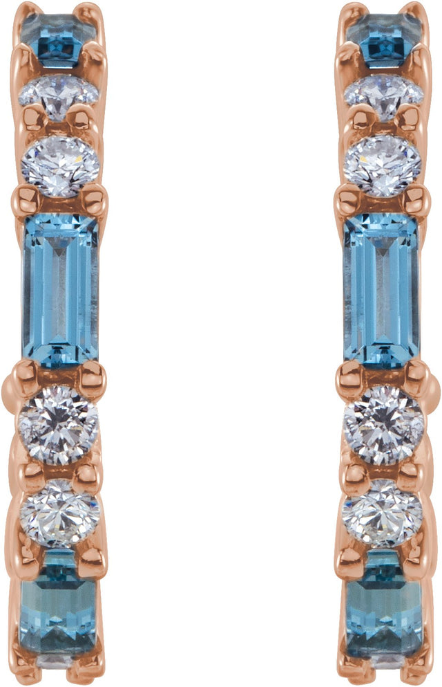 14K Gold Straight Baguette Natural Aquamarine Accented Hoop Earrings - Rose Gold - view 4