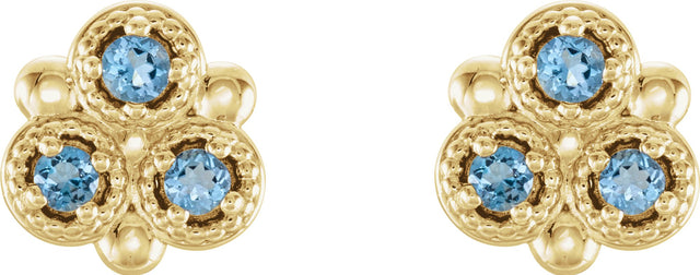 14K Gold Round Natural Aquamarine Three-Stone Earrings - Yellow Gold - view 4