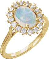 14K Gold Oval Natural White Ethiopian Opal & Natural Diamond Halo-Style Cabochon Ring - Yellow Gold