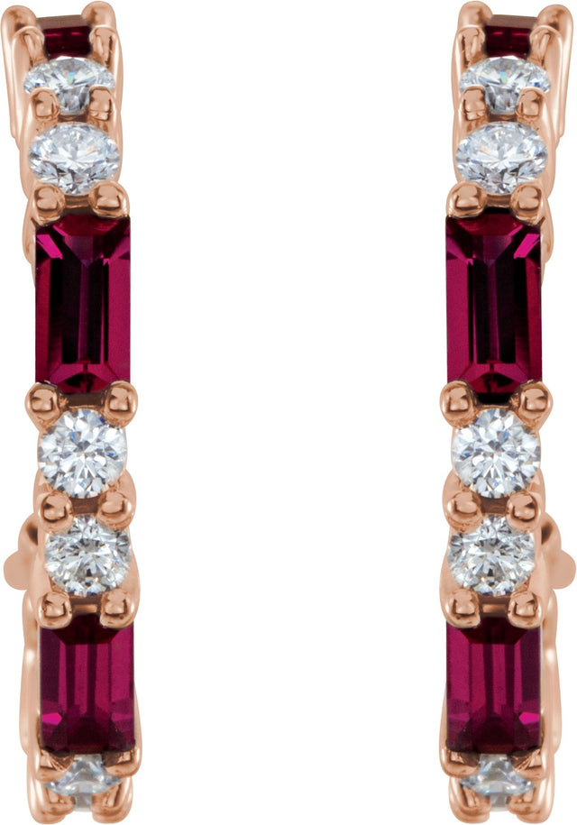 14K Gold Straight Baguette Lab-Grown Ruby Accented Hoop Earrings - Rose Gold - view 4