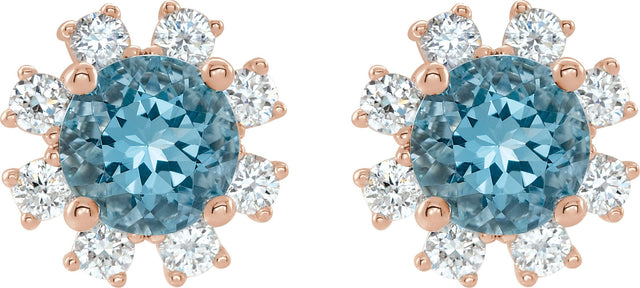 14K Gold Natural Blue Zircon Round 4-Prong Halo-Style Earrings - Rose Gold - view 4