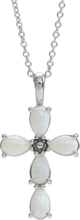 Platinum Pear Natural White Opal Beaded Cross Necklace or Pendant
