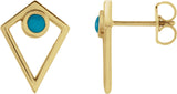14K Gold Round Natural Turquoise Cabochon Pyramid Earrings - Yellow Gold