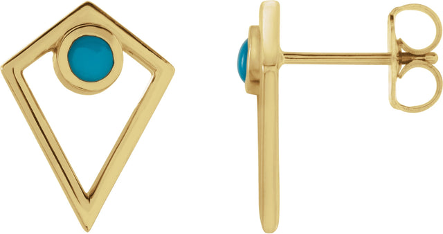 14K Gold Round Natural Turquoise Cabochon Pyramid Earrings - Yellow Gold