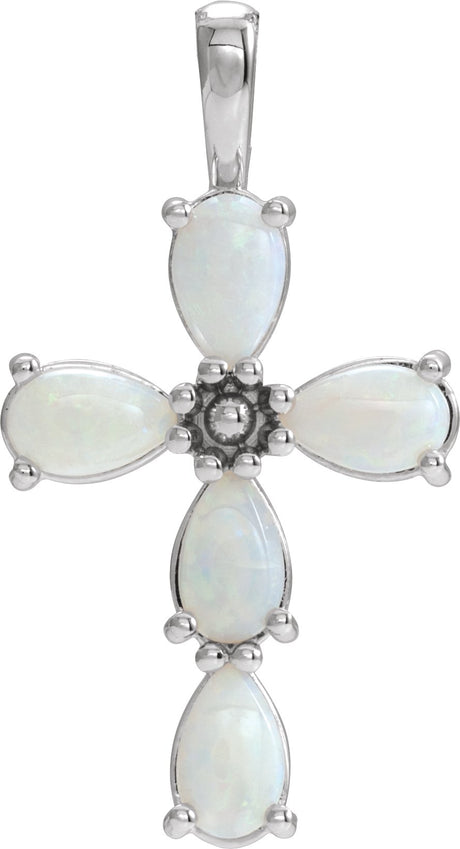 14K Gold Pear Natural White Opal Beaded Cross Necklace or Pendant - White Gold