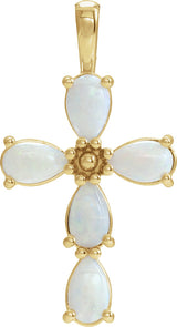 14K Gold Pear Natural White Opal Beaded Cross Necklace or Pendant - Yellow Gold