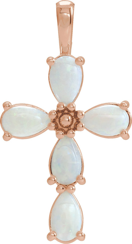 14K Gold Pear Natural White Opal Beaded Cross Necklace or Pendant - Rose Gold