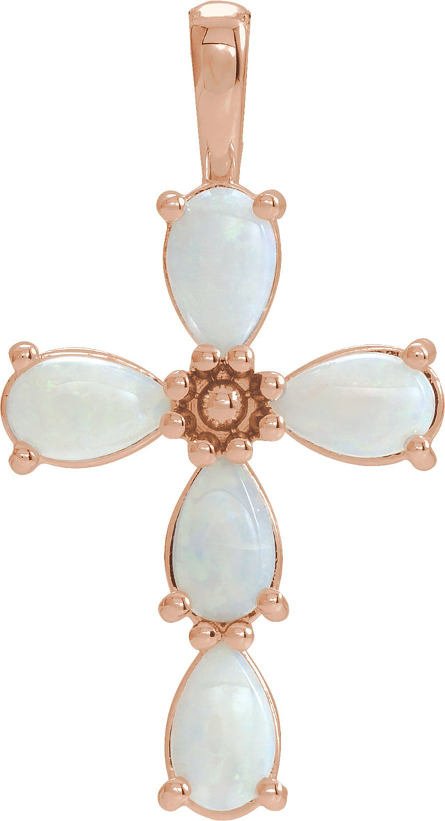 14K Gold Pear Natural White Opal Beaded Cross Necklace or Pendant - Rose Gold