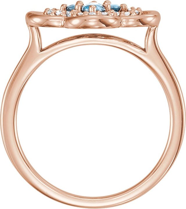 14K Gold Round Natural Aquamarine Clover Ring - Rose Gold - view 4