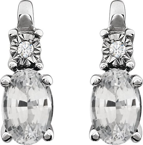 14K Gold Oval Lab-Grown White Sapphire & Natural Diamond Accented Birthstone Earrings - view 2