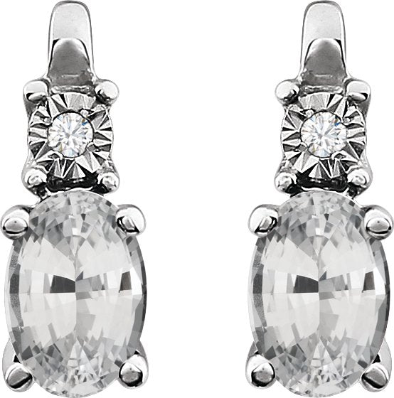 14K Gold Oval Lab-Grown White Sapphire & Natural Diamond Accented Birthstone Earrings - view 2