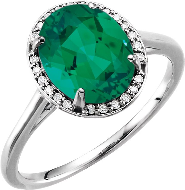 14K Gold Oval Lab-Grown Emerald & Natural Diamond Halo-Style Ring – 10x8mm - White Gold