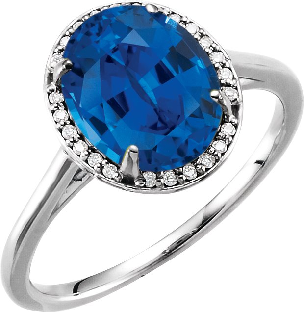 14K Gold Oval Lab-Grown Blue Sapphire & Natural Diamond Halo-Style Ring – 10x8mm - White Gold