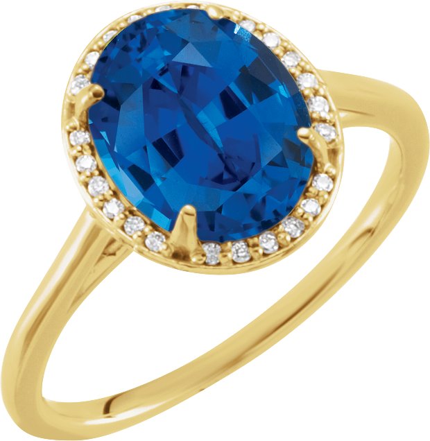 14K Gold Oval Lab-Grown Blue Sapphire & Natural Diamond Halo-Style Ring – 10x8mm - Yellow Gold