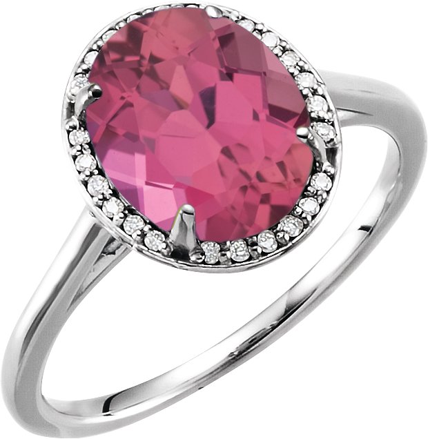 14K Gold Oval Natural Pink Tourmaline & Natural Diamond Halo-Style Ring – 10x8mm - White Gold