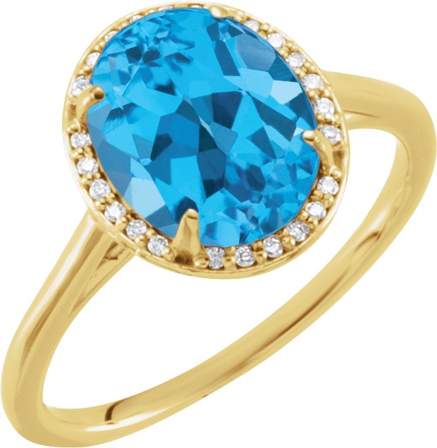 14K Gold Oval Natural Swiss Blue Topaz & Natural Diamond Halo-Style Ring – 10x8mm - Yellow Gold